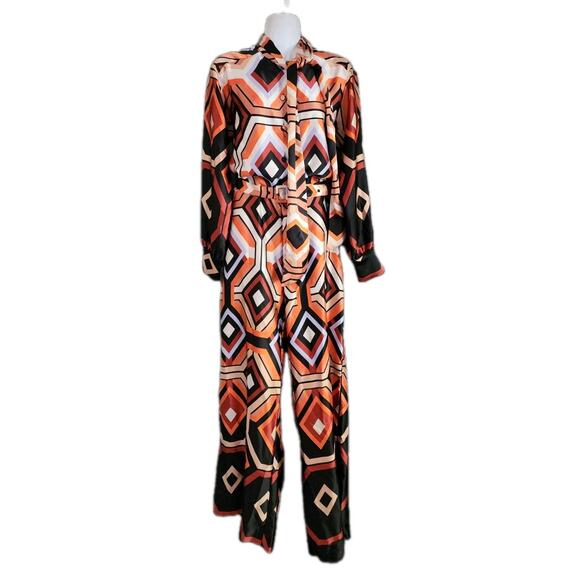 ZARA Medium Satin 70s Geometric Print Belted Neck Scarf Tie Wide Leg Jumpsuit - Picture 4 of 7